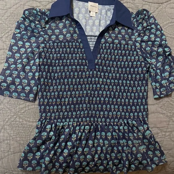 Maeve Blue Patterned Blouse with sheer sleeves and smocked waist. Small - Picture 2 of 5